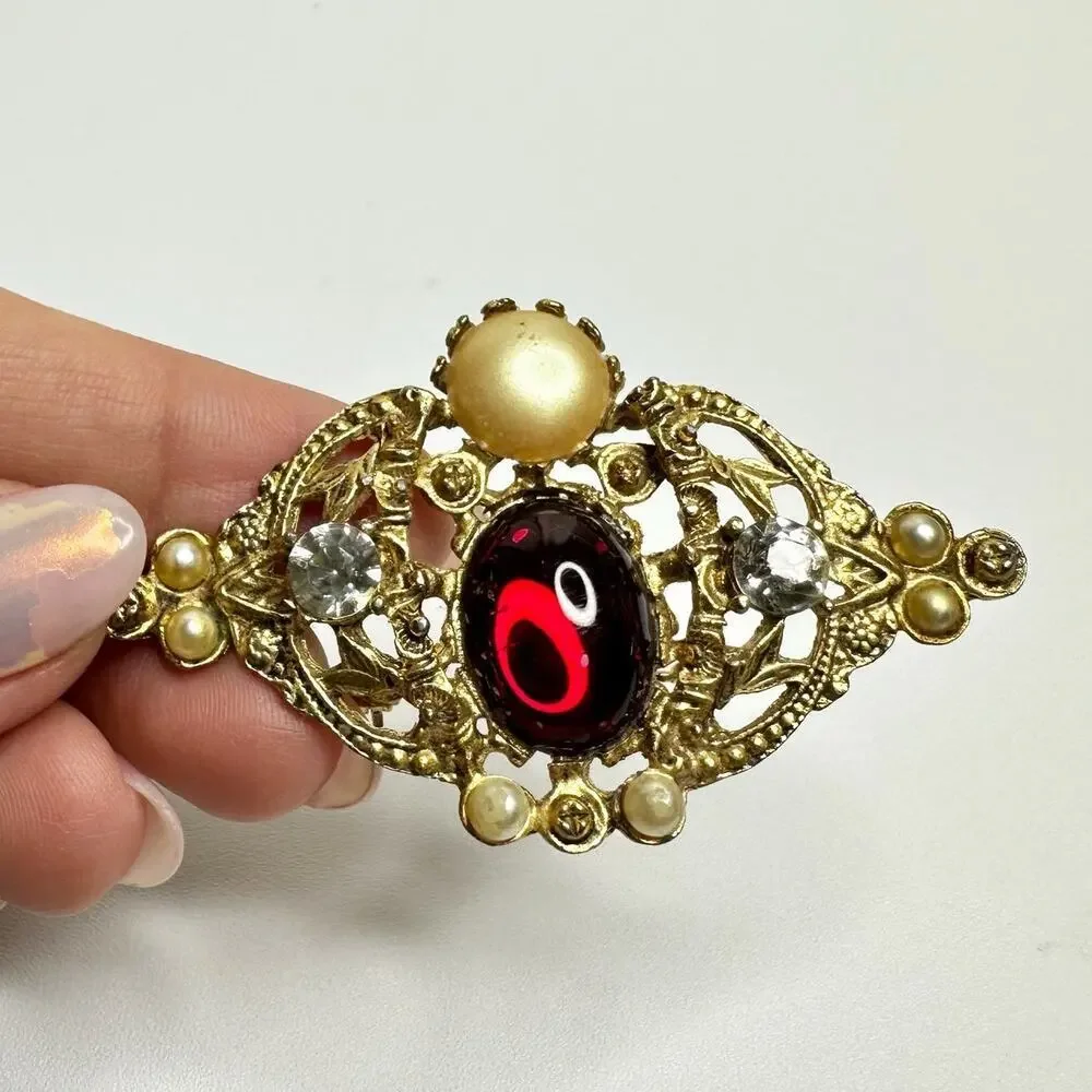 Vintage Red Gem Pearl Brooch Victorian Style Pin Gold Filigree with Crystals